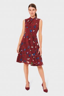 Hobbs Amina Floral Twist Neck Dress Merlot Red Multi