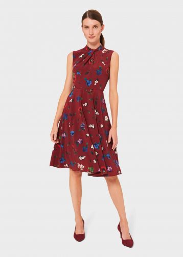 Hobbs Amina Floral Twist Neck Dress Merlot Red Multi