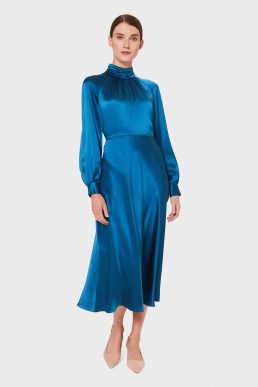 Hobbs Haisley Midi Sleeve Silk Dress Kingfisher Blue