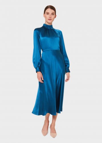 Hobbs Haisley Midi Sleeve Silk Dress Kingfisher Blue