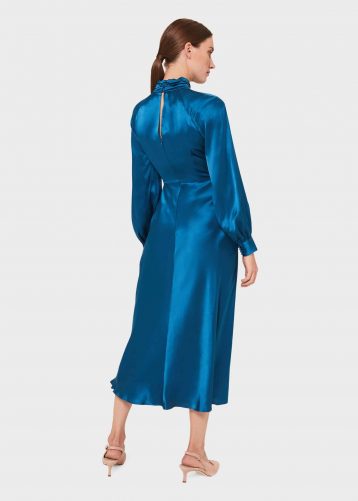 Hobbs Haisley Midi Sleeve Silk Dress Kingfisher Blue