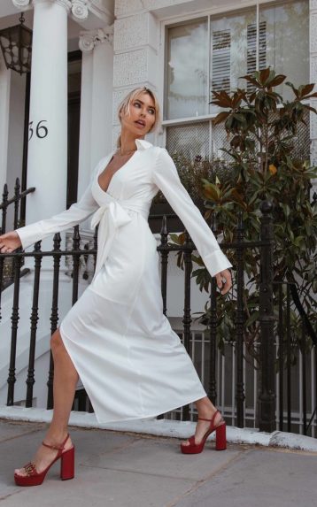Kands London White Satin Wrap Shirt Dress, White - Image 2