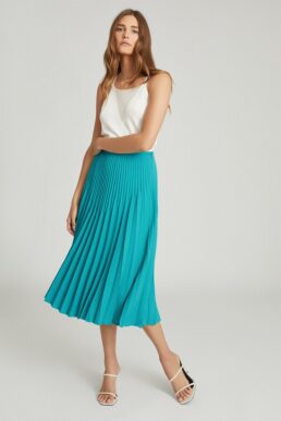 Reiss Isadora Knife Pleat Skirt Green Metallic