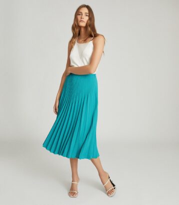 Reiss Isadora Knife Pleat Skirt Green Metallic