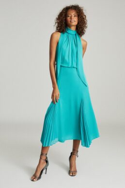 Reiss Jenna Neck Tie Detail Midi Dress Teal Blue Green