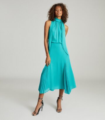 Reiss Jenna Neck Tie Detail Midi Dress Teal Blue Green