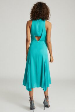 Reiss Jenna Neck Tie Detail Midi Dress Teal Blue Green