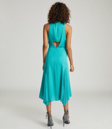 Reiss Jenna Neck Tie Detail Midi Dress Teal Blue Green