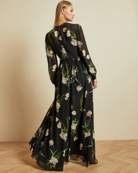 Ted Baker Deenha Elderflower Floral Print Sleeve Maxi Dress, Black/Ivory -  Myonewedding.Co.Uk