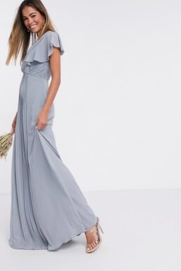 TFNC bridesmaid lace detail maxi dress with flutter sleeve in dusty blue