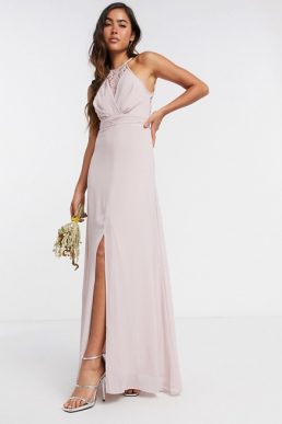 TFNC bridesmaid wrap lace maxi dress in pink
