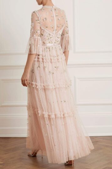 Needle & Thread Shimmer Ditsy Long Sleeve Maxi Gown, Pink/Blush -  myonewedding.co.uk