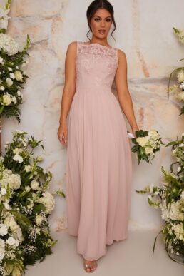 Chi Chi Ezra Floral Lace Embroidered Bridesmaid Maxi Dress Pink Blush