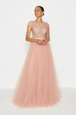 Coast Cap Sleeve Glitter Tulle Skirt Maxi Dress Pink Light Blush