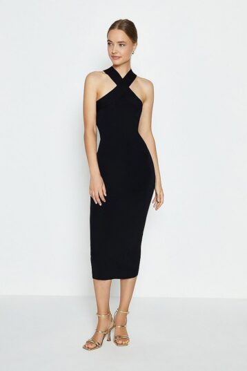 Coast Cross Strap Knitted Midi Dress Black