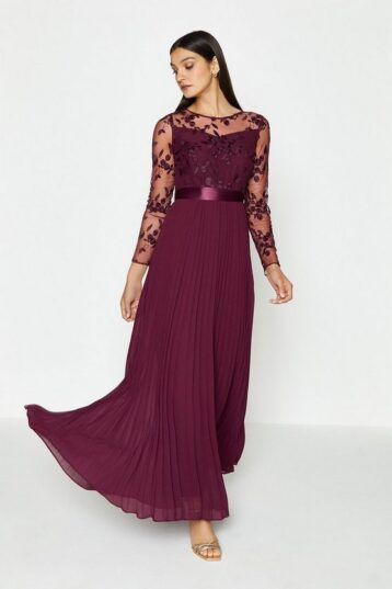 Coast Embroidered Long Sleeve Maxi Bridesmaid Dress, Aubergine/Berry Red