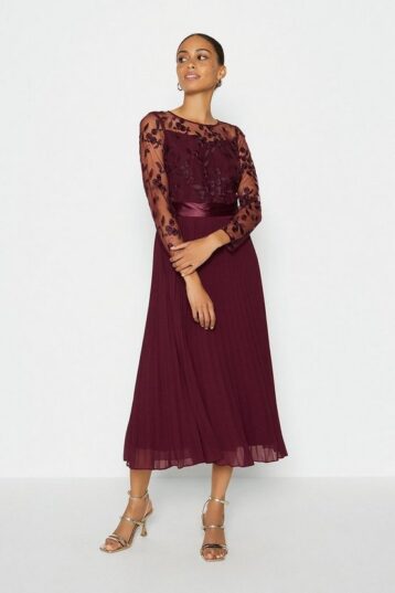 Coast Embroidered Long Sleeve Midi Bridesmaid Dress Aubergine Berry Red