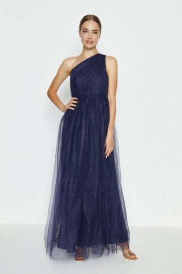Coast One Shoulder Glitter Mesh Maxi Dress, Navy Blue - Image 2