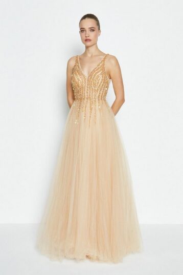 Coast Sequin Bodice Tulle Skirt Maxi Dress Gold