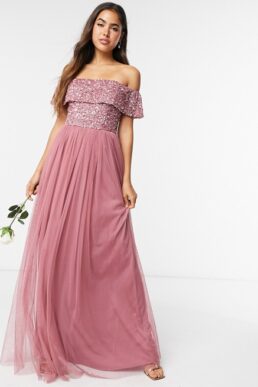 Maya Bridesmaid bardot maxi tulle dress with tonal delicate sequins in rose