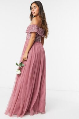 Maya Bridesmaid bardot maxi tulle dress with tonal delicate sequins in rose
