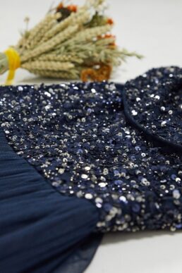 Maya Bridesmaid bardot maxi tulle dress with tonal delicate sequins in navy