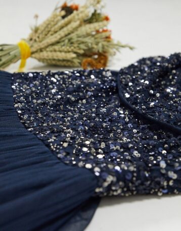 Maya Bridesmaid bardot maxi tulle dress with tonal delicate sequins in navy