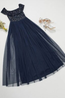 Maya Bridesmaid bardot maxi tulle dress with tonal delicate sequins in navy