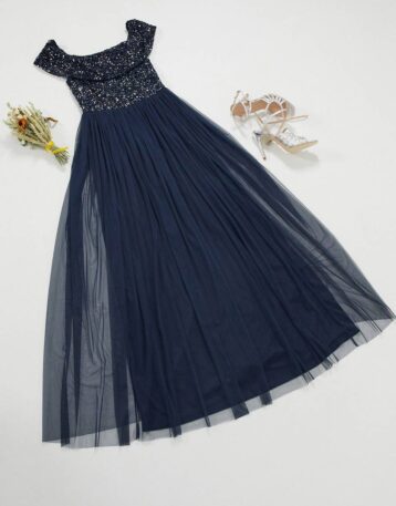 Maya Bridesmaid bardot maxi tulle dress with tonal delicate sequins in navy