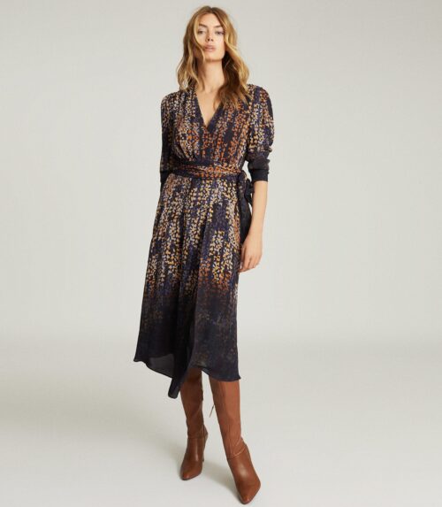 Reiss Esther Printed Wrap Front Dress, Blue/Brown - myonewedding.co.uk