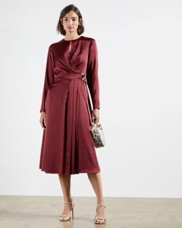 Ted Baker NEENHA Side wrap pleated sleeve midi dress Red