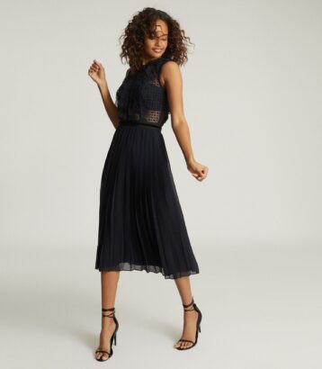 Reiss Tenley Lace Detailed Midi Dress Navy Blue