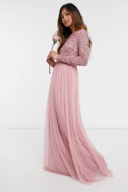 Maya Bridesmaid long sleeved maxi dress with delicate sequin and tulle skirt in vintage rose pink