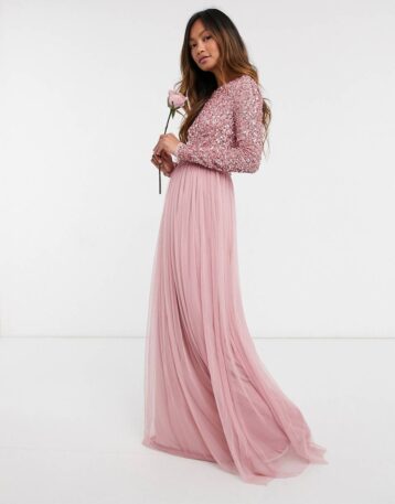 Maya Bridesmaid long sleeved maxi dress with delicate sequin and tulle skirt in vintage rose pink