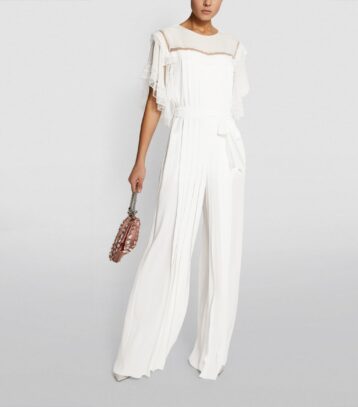 Alberta Ferretti Silk Pleated Jumpsuit White Gold