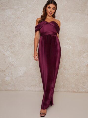 Chi Chi Leonie Drape Bardot Maxi Dress Purple