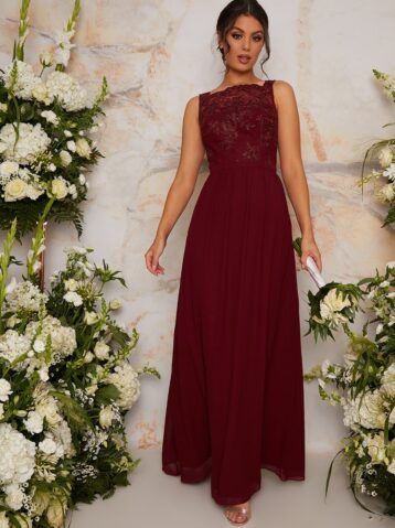 Chi Chi Tiffie Lace Bridesmaid Maxi Dress Burgundy Red