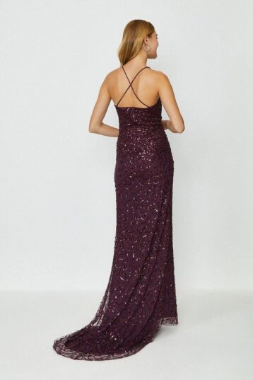 Coast All Over Sequin Cross Over Back Maxi Dress Merlot Berry