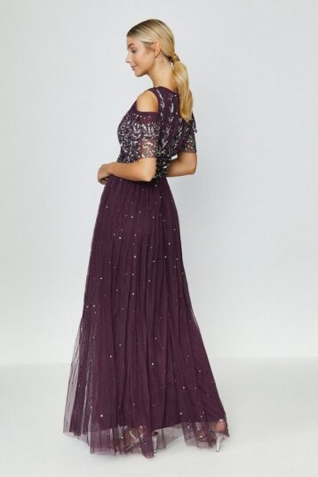 Coast Cold Shoulder Embellished Maxi Dress, Berry/Merlot Purple - Image 2