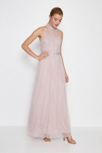 Coast High Neck Sequin Mesh Maxi Bridesmaid Dress Blush Pink