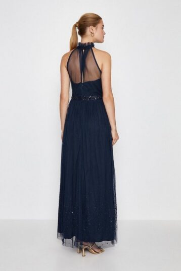 Coast High Neck Sequin Mesh Maxi Bridesmaid Dress Navy Blue