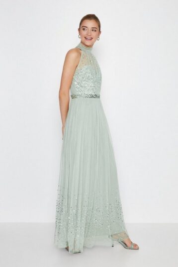 Coast High Neck Sequin Mesh Maxi Bridesmaid Dress, Sage Green - Image 2