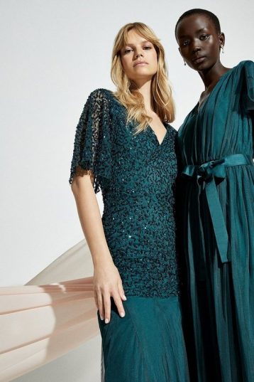 Coast Sequin Angel Sleeve Maxi Dress Green