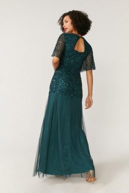 Coast Sequin Angel Sleeve Maxi Dress Green