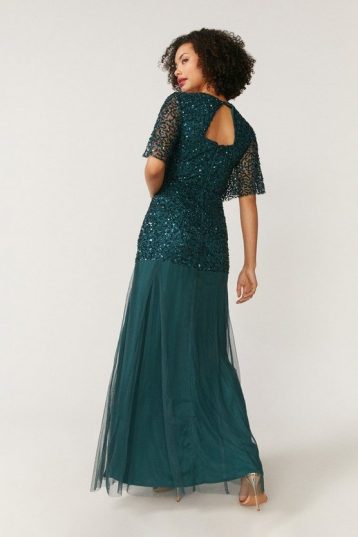 Coast Sequin Angel Sleeve Maxi Dress Green