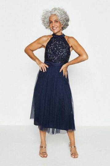 Coast Sequin Bodice Halter Midi Dress, Navy - Image 2