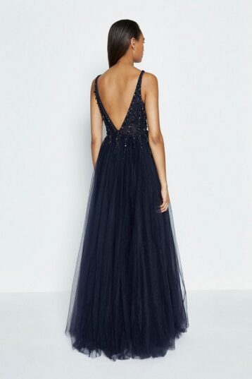 Coast Sequin Bodice Tulle Skirt Maxi Dress Navy