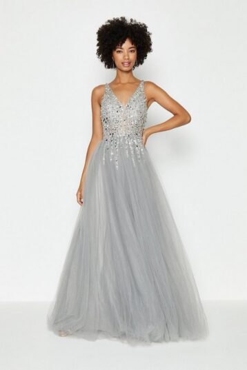 Coast Sequin Bodice Tulle Skirt Maxi Dress Silver