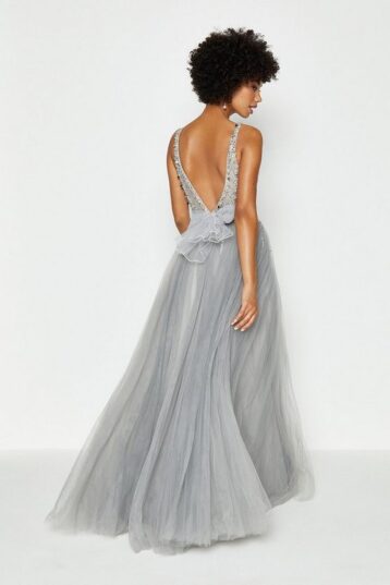 Coast Sequin Bodice Tulle Skirt Maxi Dress Silver