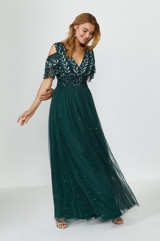 Coast Cold Shoulder Embellished Maxi Dress, Green